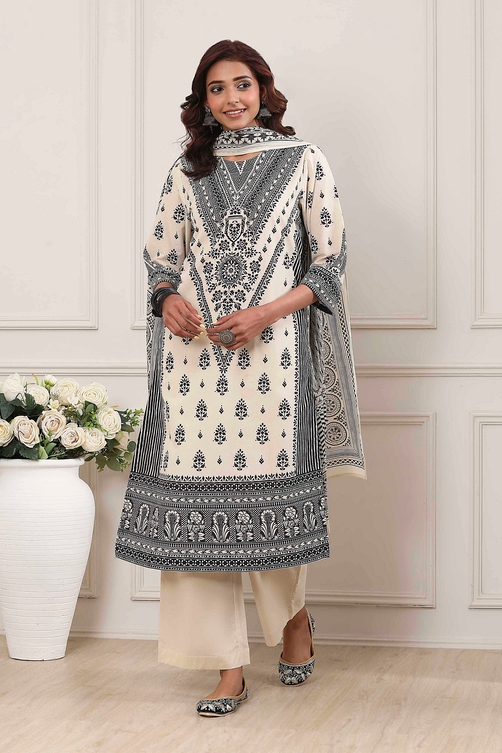 Off White Cotton Printed Straight Suit Set